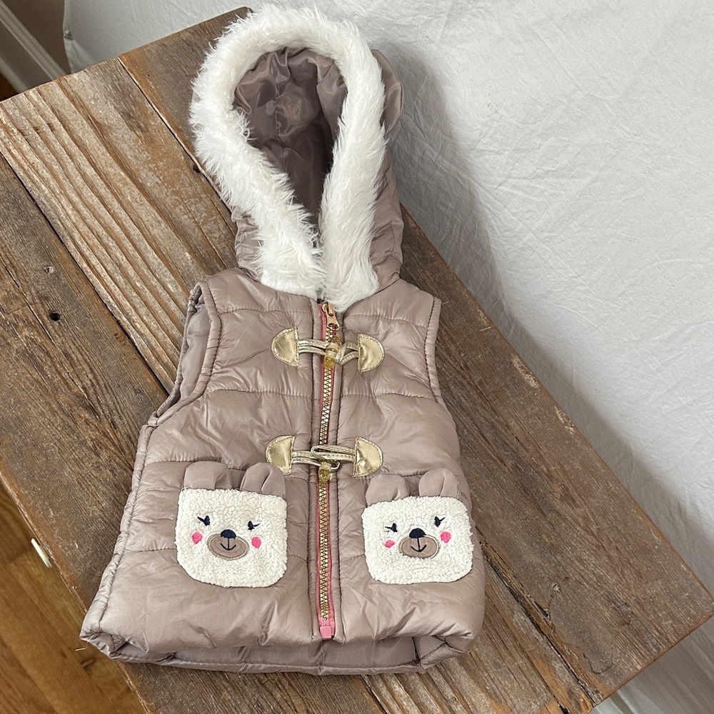 Little Lass Taupe Hooded Puffer Vest with Faux Fur Trim